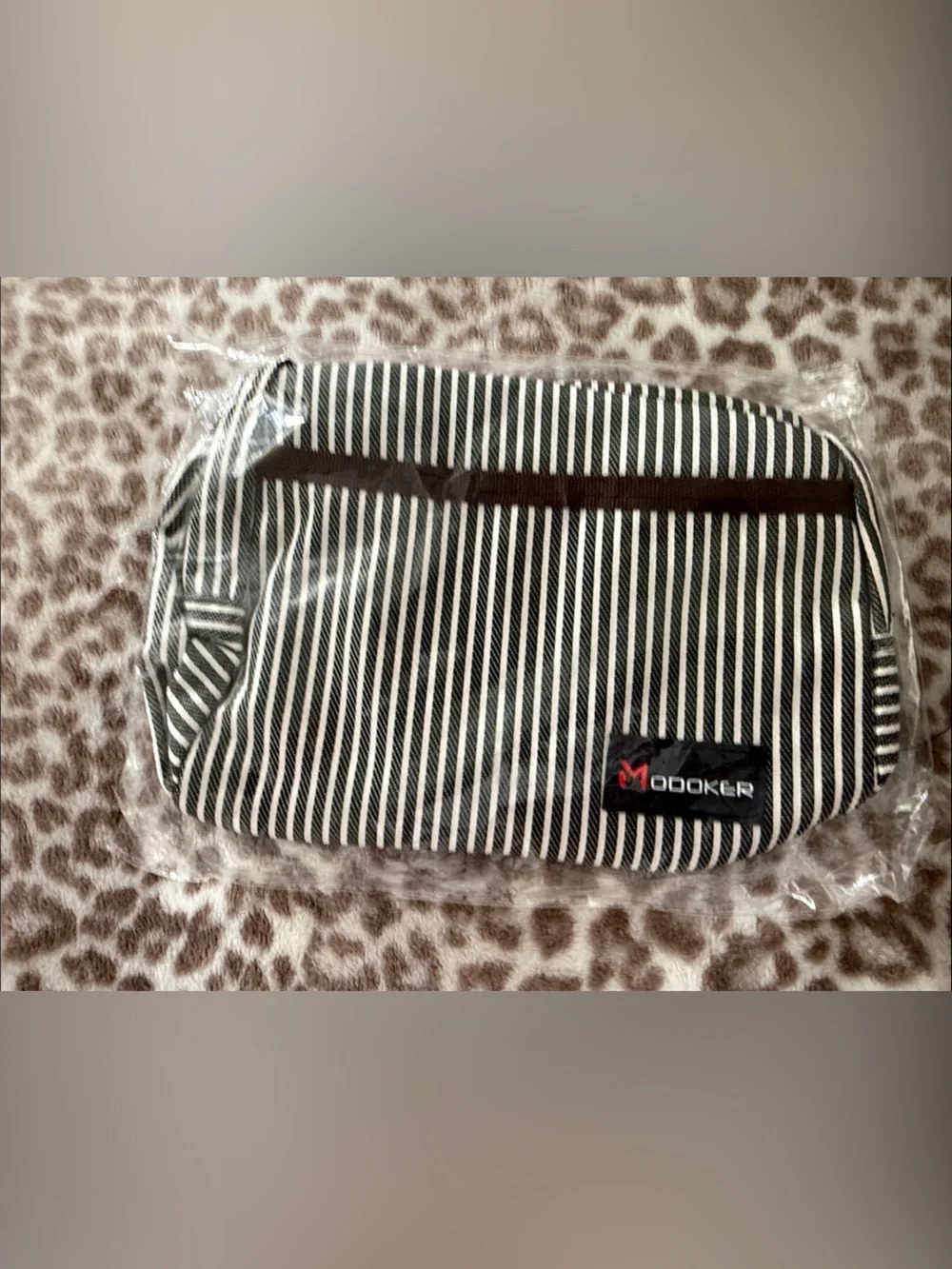 Striped Travel Pouch — Navy & White and Brown